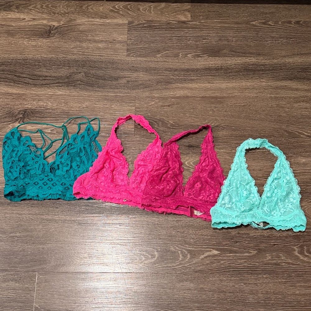 4 Free People Lace Halter Bralettes in Teal, Pink, and Mint - small